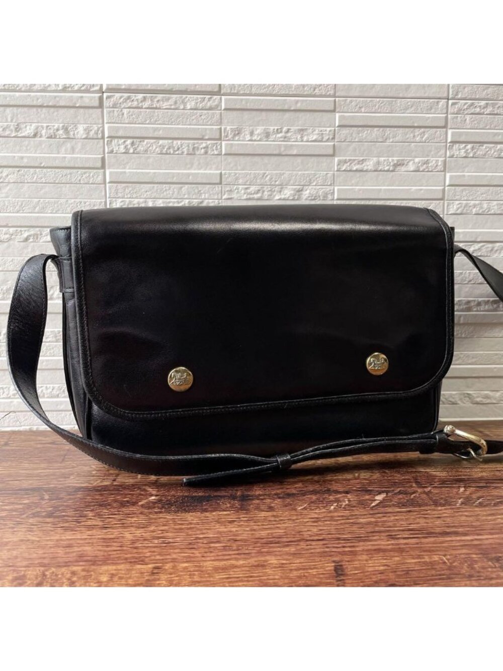 Celine Leather Flap Carriage Logo Gold Shoulder Bag Black